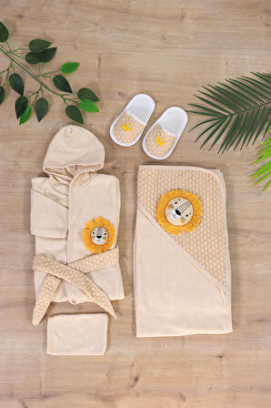 Erkek Bebek Aslan İşemeli Lüks Bornoz Takımı  Havlu Seti Organik  % 100 Pamuk Kumaş 0- 2 Yaş STL7054