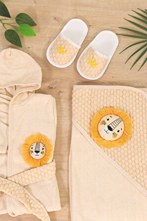 Erkek Bebek Aslan İşemeli Lüks Bornoz Takımı  Havlu Seti Organik  % 100 Pamuk Kumaş 0- 2 Yaş STL7054