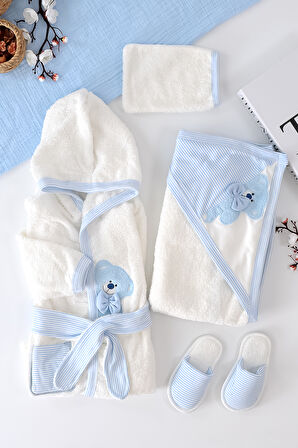 Erkek Bebek Bear Bornoz Takımı  Havlu Seti % 100 Pamuk Kumaş 0- 2 Yaş STL6986