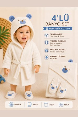 Erkek Bebek Lüks Premium Ayıcık Bornoz Havlu Takımı %100 Pamuk yenidoğan Hediye Seti STL7209