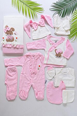 Kız Bebek Pembe Natıral Pamuk Kumaş Dantelli Lüks 10 Lu Hastane Çıkışı Defne Sabunlu Set STL6450