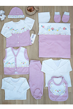 Kız Bebek Natural Pembe İşlemeli süslü Lüks 10 Lu Hastane Çıkışı Set STL6065