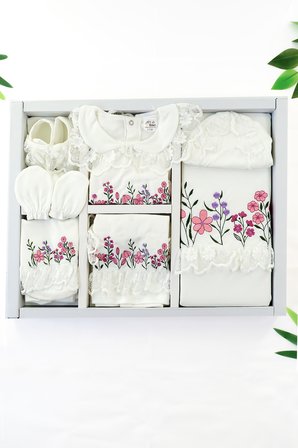 Kız Bebek Çiçek Nakış Temalı Lüks 10'lu Hastane Çıkışı Seti %100 Pamuk Yenidoğan Bebek STL7219