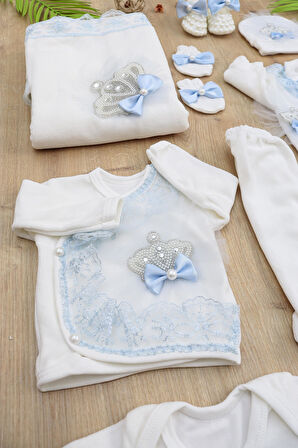 Kız Bebek Melek Kanatlı Kadife Kumaş Beyaz Dantelli Taşlı Lüks 10 Lu Hastane Çıkışı Set STL926