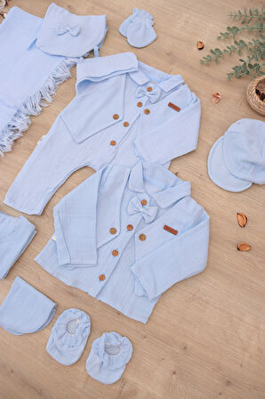 Erkek Bebek Yenidoğan Yazlık Ve Mevsimlik Müslin Mavi 10 Lu Lüks Hastane Çıkışı Zıbın Seti STL7060