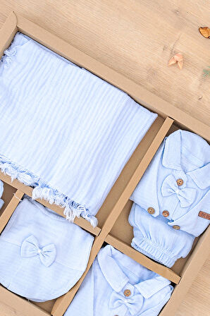 Erkek Bebek Yenidoğan Yazlık Ve Mevsimlik Müslin Mavi 10 Lu Lüks Hastane Çıkışı Zıbın Seti STL7060