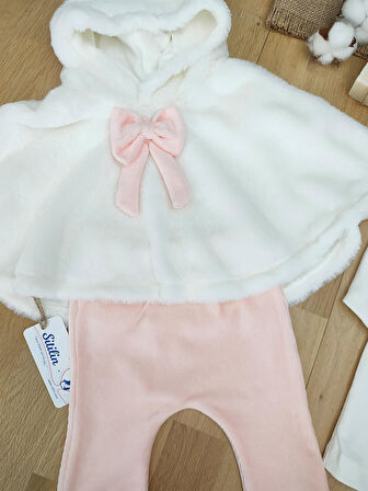Kız Bebek Pelerin Peluş 3 Lü Kapişonlu Takım Seti STL5134