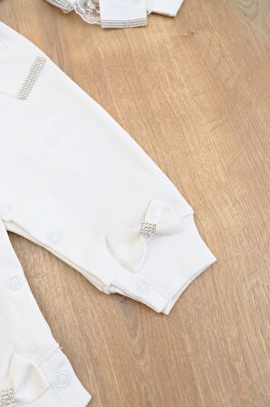 Beyaz Taşlı Lüks Bebek Kısa Kol Tulum Mevlüt ve Özel Günler İçin Harika Set STL6832