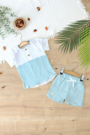 Bebek % Pamuklu Müslin  Düğmeli Alt Üst Şortlu  Yazlık Erkek  Bebek Takımı STL6993