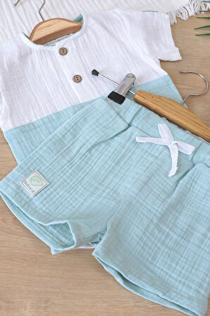 Bebek % Pamuklu Müslin  Düğmeli Alt Üst Şortlu  Yazlık Erkek  Bebek Takımı STL6993