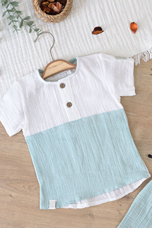 Bebek % Pamuklu Müslin  Düğmeli Alt Üst Şortlu  Yazlık Erkek  Bebek Takımı STL6993