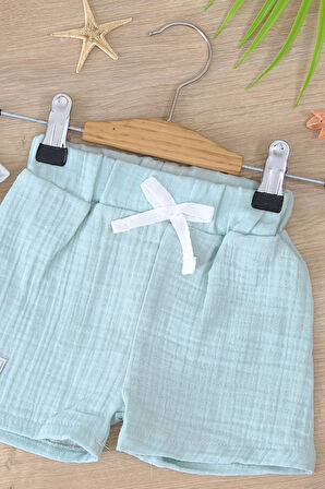 Bebek % Pamuklu Müslin  Düğmeli Alt Üst Şortlu  Yazlık Erkek  Bebek Takımı STL6993