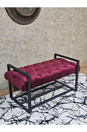 Siyah Boyalı Metal 80 cm Puf Bench - Antre Puf - Hol Bench - Puf - Oturak - Bench Bordo Renk 90 x 45 Boyut/Ebat