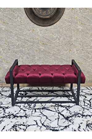 Siyah Boyalı Metal 80 cm Puf Bench - Antre Puf - Hol Bench - Puf - Oturak - Bench Bordo Renk 90 x 45 Boyut/Ebat