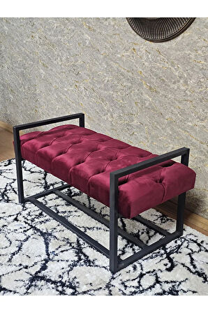 Siyah Boyalı Metal 80 cm Puf Bench - Antre Puf - Hol Bench - Puf - Oturak - Bench Bordo Renk 90 x 45 Boyut/Ebat