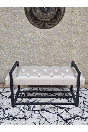 Siyah Boyalı Metal 80 cm Puf Bench - Antre Puf - Hol Bench - Puf - Oturak - Bench Krem Renk 90 x 45 Boyut/Ebat