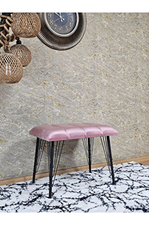 Metal Siyah Tel Ayaklı 60 cm Puf Bench - Puf - Bench - Oturak - Mutfak Oturağı - Antre Oturağı Pembe Renk 60 x 40 Boyut/Ebat