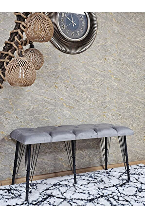 Metal Siyah Tel Ayaklı 100 cm Puf Bench - Puf - Bench - Oturak - Mutfak Oturağı - Antre Oturağı Gri Renk 100 x 40 Boyut/Ebat