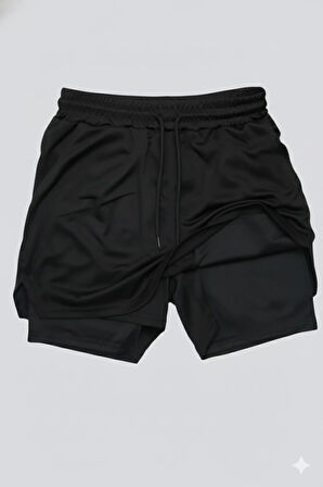 Hızlı Kuruyan 2 in 1 Yetişkin Unisex Spor Baskısız Taytlı Şort Fitness Gym Antrenman Halı Saha