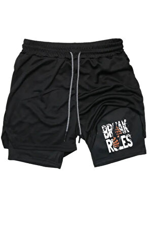 Hızlı Kuruyan 2 in 1 Yetişkin Unisex Spor Break Rules Baskılı Taytlı Şort Fitness Gym Antrenman Halı