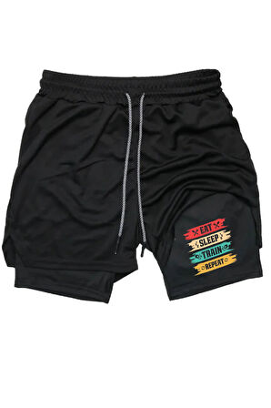 Hızlı Kuruyan 2in1 Yetişkin Unisex Eat Sleep Train Repeat Baskılı Taytlı Şort Fitness Gym Antrenman