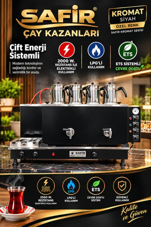 Safi̇R 4 Demli̇Kli̇ Kromat Si̇Yah Elektri̇Kli̇ Ve Tüplü Çay Kazani Lpg'Li̇ Çay Ocaği Kazani Çay Semaveri̇