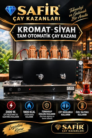 Safi̇R 4 Demli̇Kli̇ Kromat Si̇Yah Tam Otomati̇K Çay Kazani Elektri̇Kli̇ Ve Doğalgazli Ce Belgeli̇ Gazmer Açiliş Onayli Gaz Emni̇Yet Si̇Stemli̇ Venti̇Lli̇ Çay Semaveri̇