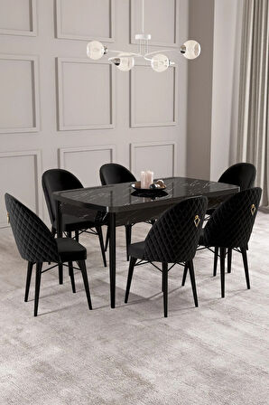 Arya Siyah Mermer Desen 80x132 MDF Açılabilir Mutfak Masası Takımı 6  Sandalye