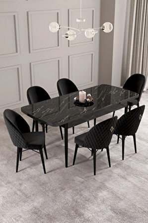 Arya Siyah Mermer Desen 80x132 MDF Açılabilir Mutfak Masası Takımı 6  Sandalye
