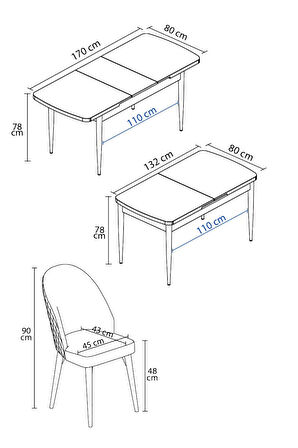 Arya Siyah Mermer Desen 80x132 MDF Açılabilir Yemek Masası Takımı 6  Sandalye