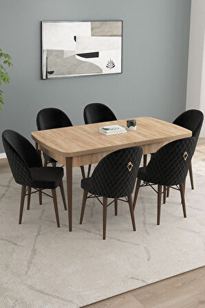 Calvin Meşe Desen 80x132 Açılabilir Mdf Masa Yemek Odası Takımı, Mutfak Takımı 6 Adet Sandalye