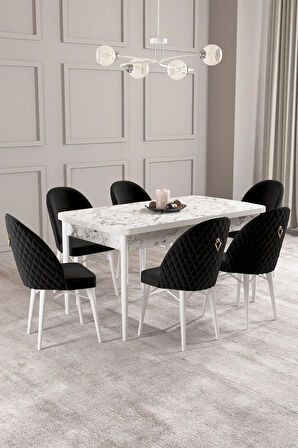 Calvin Beyaz Mermer Desen 80x132 MDF Açılabilir Mutfak Masası Takımı 6  Sandalye