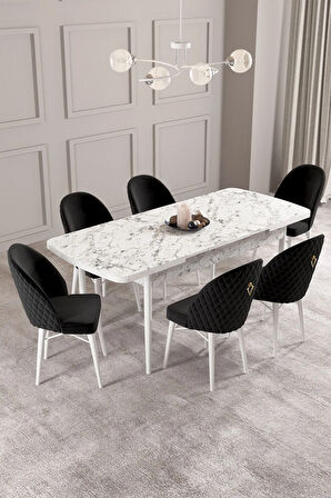 Calvin Beyaz Mermer Desen 80x132 MDF Açılabilir Mutfak Masası Takımı 6  Sandalye