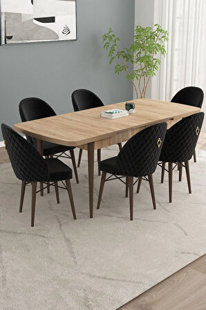 Calvin Meşe Desen 80x132 MDF Açılabilir Mutfak Masası Takımı 6  Sandalye