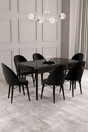 Calvin Siyah Mermer Desen 80x132 MDF Açılabilir Mutfak Masası Takımı 6  Sandalye