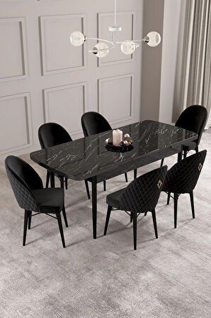 Calvin Siyah Mermer Desen 80x132 MDF Açılabilir Mutfak Masası Takımı 6  Sandalye