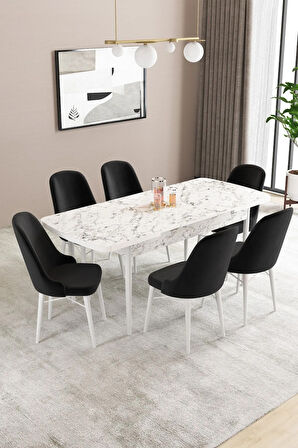 Fonza Beyaz Mermer Desen 80x132 MDF Açılabilir Mutfak Masası Takımı 6  Sandalye