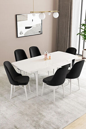 Fonza Beyaz 80x132 MDF Açılabilir Mutfak Masası Takımı 6  Sandalye