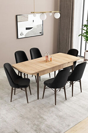 Fonza Meşe Desen 80x132 MDF Açılabilir Mutfak Masası Takımı 6  Sandalye