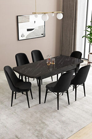 Fonza Siyah Mermer Desen 80x132 MDF Açılabilir Mutfak Masası Takımı 6  Sandalye