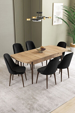 Ikon Meşe Desen 80x132 Açılabilir Mdf Masa Yemek Odası Takımı, Mutfak Takımı 6 Adet Sandalye