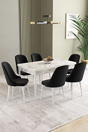 Ikon Beyaz Mermer Desen 80x132 MDF Açılabilir Yemek Masası Takımı 6  Sandalye