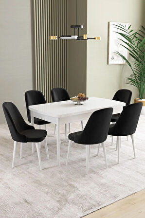 Ikon Beyaz 80x132 MDF Açılabilir Yemek Masası Takımı 6  Sandalye