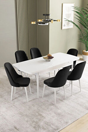 Ikon Beyaz 80x132 MDF Açılabilir Yemek Masası Takımı 6  Sandalye