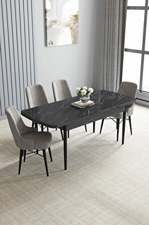 Ikon Siyah Mermer Desen 80x132 MDF Açılabilir Mutfak Masası Takımı 6  Sandalye