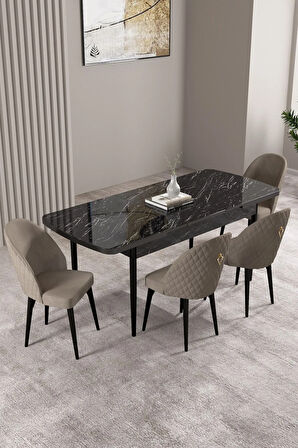 Jusie Beyaz Mermer Desen 80x132 Açılabilir Mutfak Masası Takımı 6  Sandalye