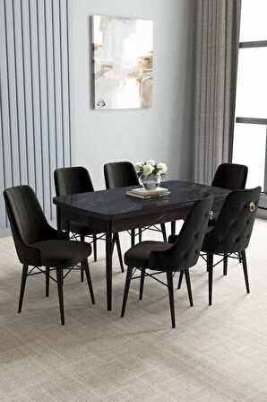Jusie Siyah Mermer Desen 80x132 Açılabilir Mutfak Masası Takımı 6  Sandalye