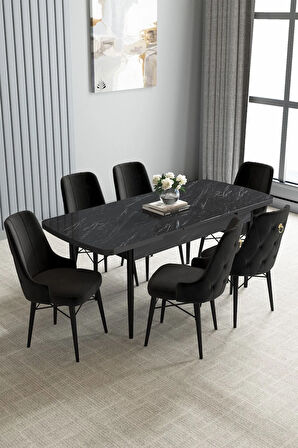 Jusie Siyah Mermer Desen 80x132 Açılabilir Mutfak Masası Takımı 6  Sandalye