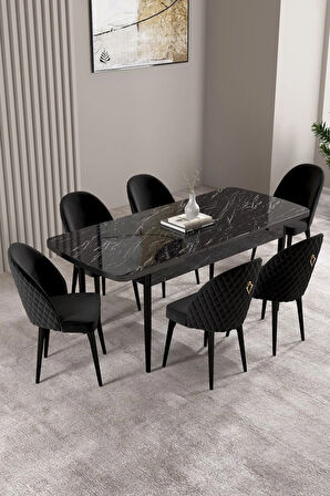 Lima Siyah Mermer Desen 80x132 MDF Açılabilir Mutfak Masası Takımı 6  Sandalye