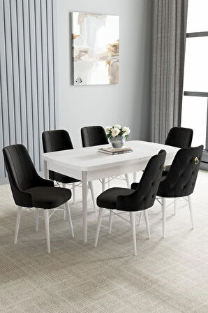 Arvela Beyaz 80x132 MDF Açılabilir Mutfak Masası Takımı 6  Sandalye